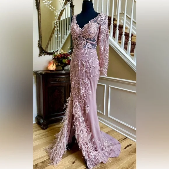 Portia and Scarlett Blush Long Sleeve Feather Fringed Embroidered Gown Size 6 - Picture 4 of 16